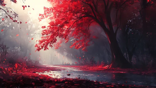 Crimson Autumn Landscape: Ethereal Forest Waterway Bathed in Red Light