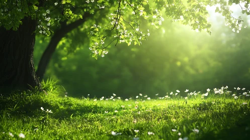 Sunlit Meadow Under Tree Canopy in Soft Focus Nature Style.