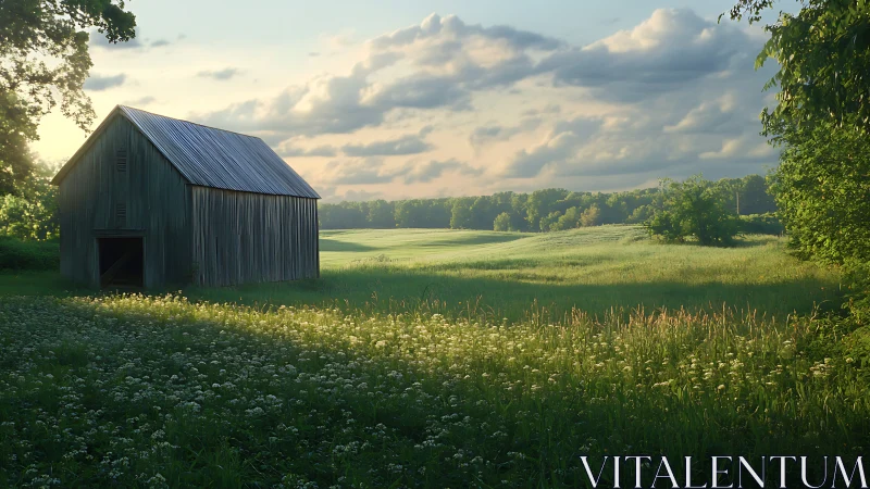 Photorealistic rural barnscape in evening backlight composition.