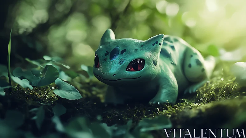 Bulbasaur rests on mossy forest floor under dappled light