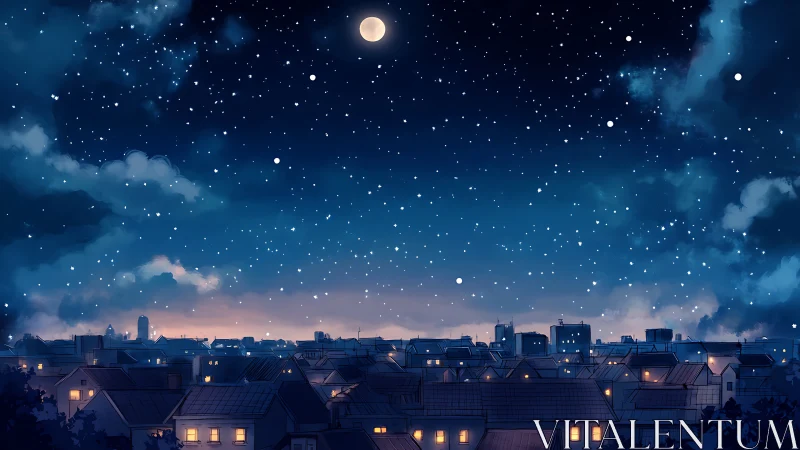 Moonlit rooftop town resting under a dreamy starfield night.