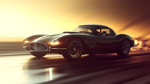 Midnight-green classic coupe outruns the molten sunset