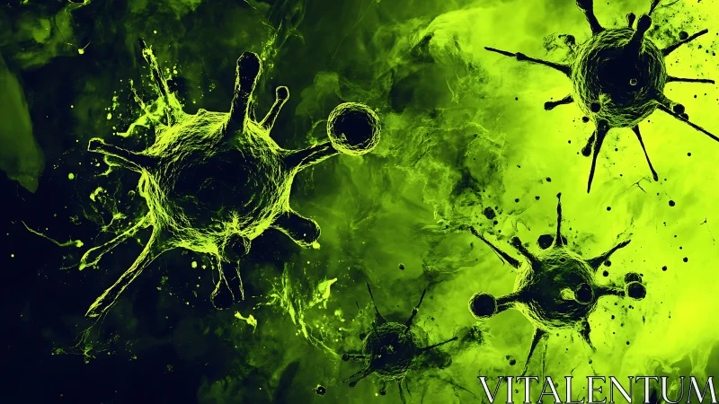 Green microscopic virus particles in abstract fluid field.