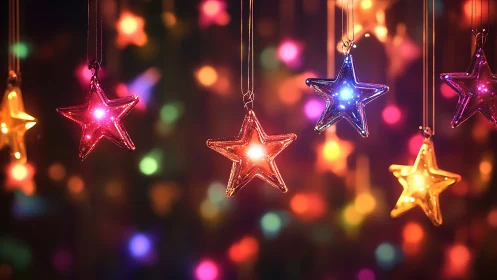 Glass star ornaments are suspended before defocused lights.