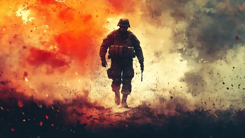 Lone soldier strides through wildfire smoke and shrapnel storm.