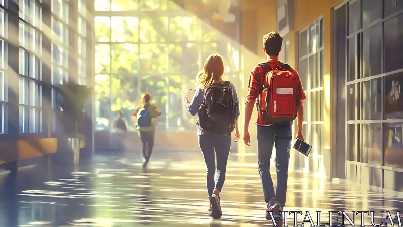 Two students walk down a sunlit corridor in soft focus