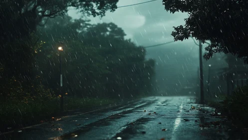 Rain-soaked forest road glows under a lone streetlamp.