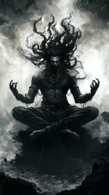 Dark meditative figure levitates within swirling storm clouds