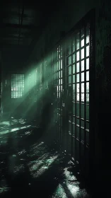 Moody prison corridor with volumetric teal light beams.