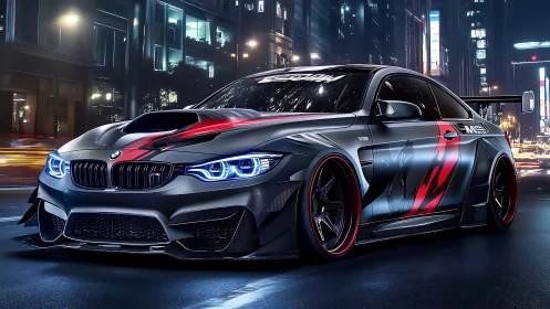 Neon city streets welcome a bold midnight racing machine.