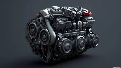 Hyper-realistic car engine close-up in dark modern studio style.