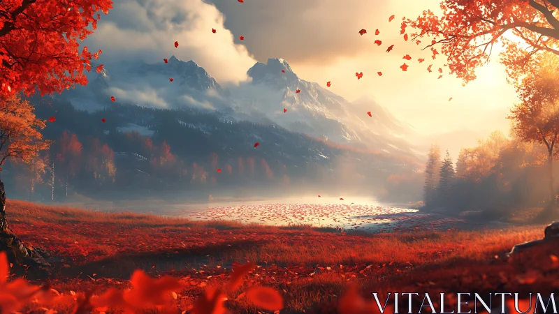 Golden autumn valley embracing misty mountain sunrise.