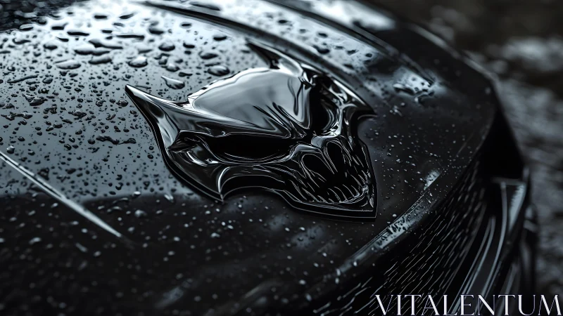 Menacing skull emblem on black car hood in cinematic rain style. Menacing skull emblem on black car hood in cinematic rain style.