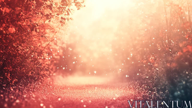 Sunlit firefly path hums softly through rose-tinted foliage