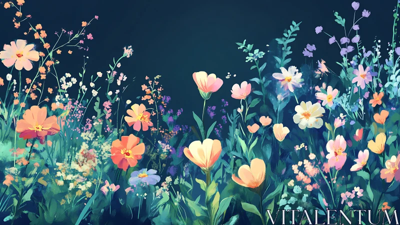 Luminous Wildflower Meadow: Layered Botanical Composition with Gradient Depth.