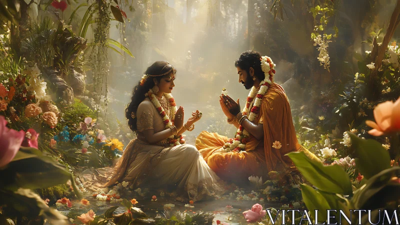 Sacred lovers in a sunlit forest shrine of blossoms and prayer.