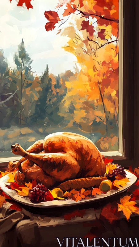 Roasted turkey rests on platter beside autumn window view