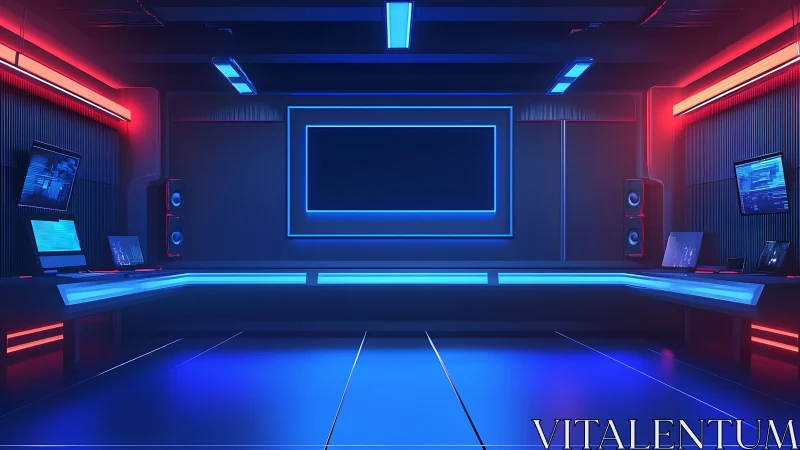 Futuristic control room with dual-tone neon lighting design.