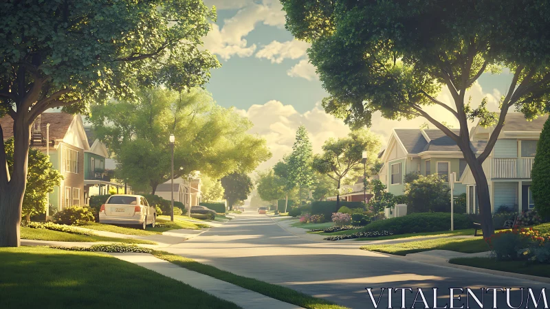 Sunlit suburban street welcomes a calm, tree-lined stroll