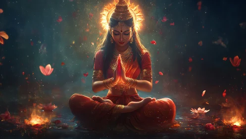 Luminous lotus goddess in tranquil firelit meditation glow.