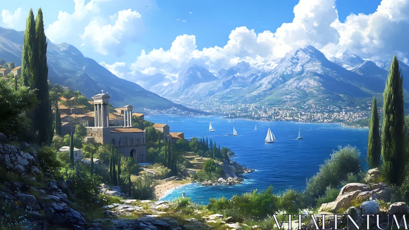 Sunlit seaside town and sailboats beneath bright mountains.