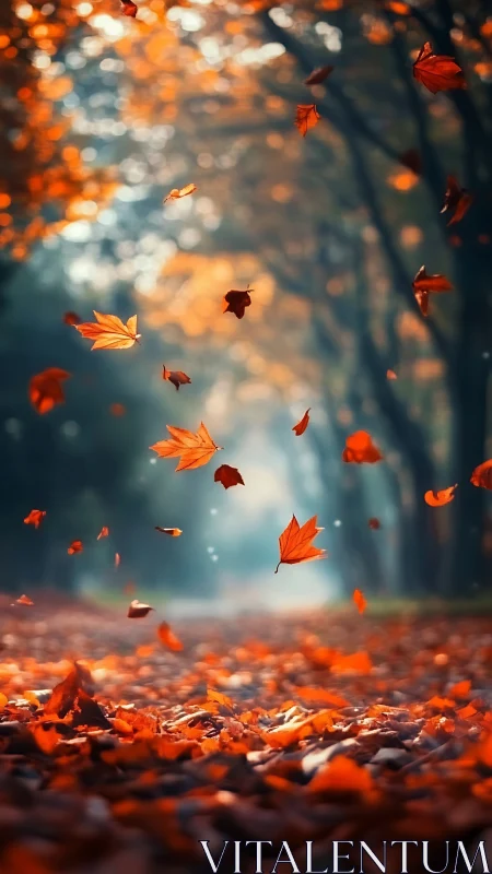 Whirling autumn leaves dance through a glowing forest hush.