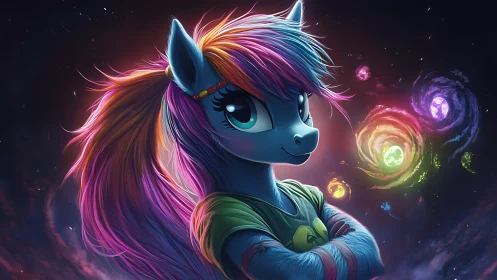 Chromatic pony portrait with nebular galaxies and neon light.