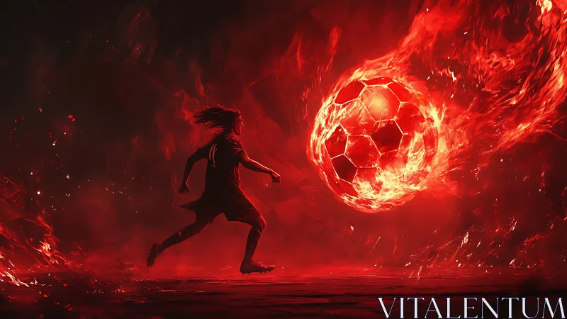Soccer player approaching flaming ball in red environment.