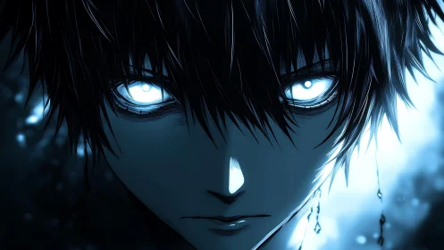 Glowing eyed anime antihero in cold blue closeup portrait.