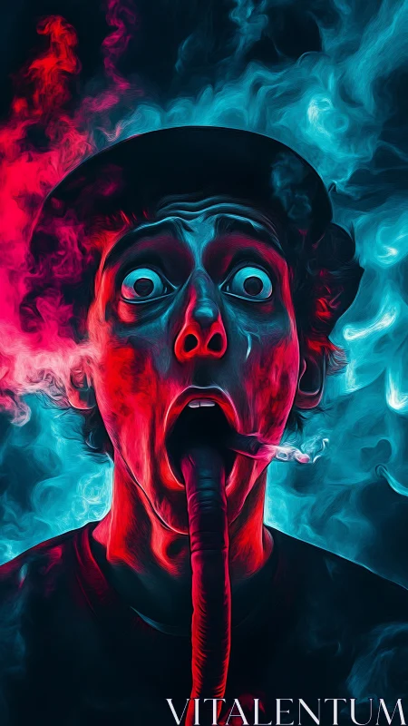 Surprised neon portrait with smoke and distorted tongue