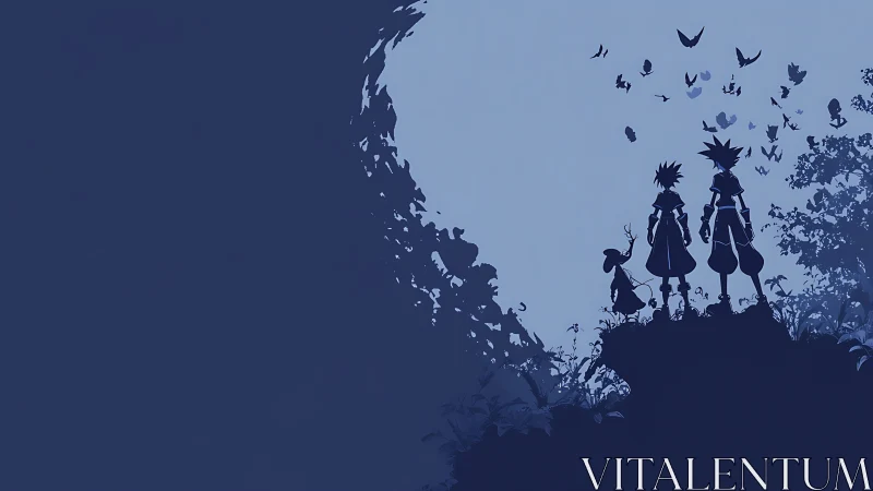 Silhouetted trio observe distant sky filled with circling birds