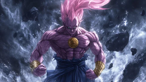 Cosmic pink warrior unleashes raw power amid drifting asteroids