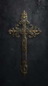 Gothic gold filigree cross gleams over shadowed stone wall.