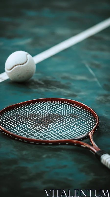 Quiet court moment with resting racket and worn tennis ball.
