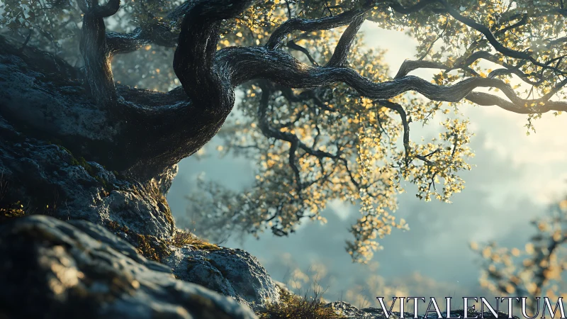 Ancient Twisted Oak Backlighting Foliage Golden Hour