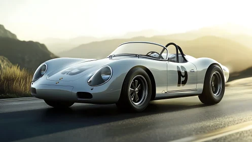 Classic white race roadster on winding mountain highway.