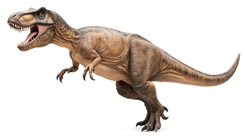 Roaring Tyrannosaurus rex model strides across white space.