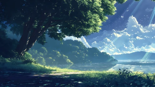 Radiant riverbank canopy with volumetric sky illumination.