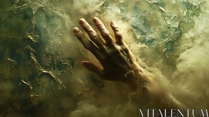 Human hand reaches through swirling golden mist and shadow