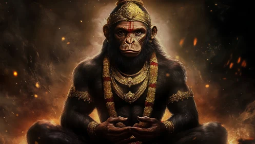 Majestic warrior monkey sitting in golden divine armor.
