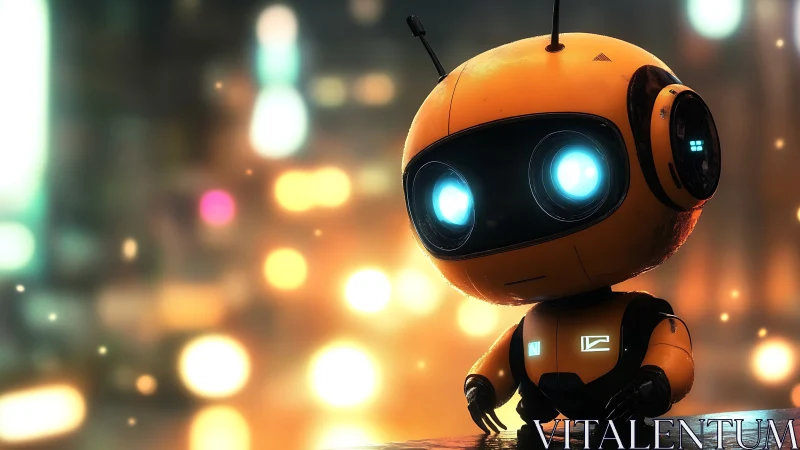 Orange luminescent robot portrait in cinematic bokeh city.