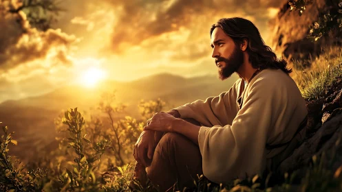 Contemplative robed figure rests in golden sunset landscape.