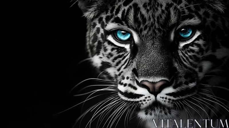 White Tiger Portrait with Arctic Blue Eyes Against Black Background