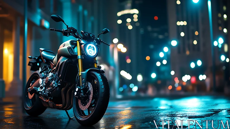 Modern street motorcycle on wet city road at night.