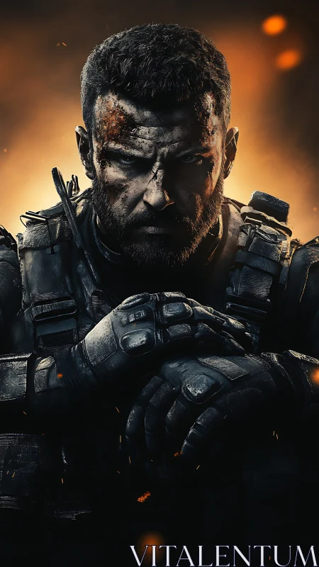 Heavily armored soldier portrait under orange backlight.