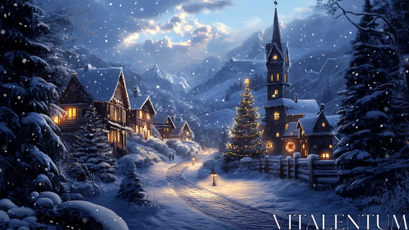 Snowlit Alpine village glows under storybook winter sky.