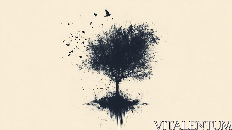 Silent ink-splashed tree with birds drifting into sky.