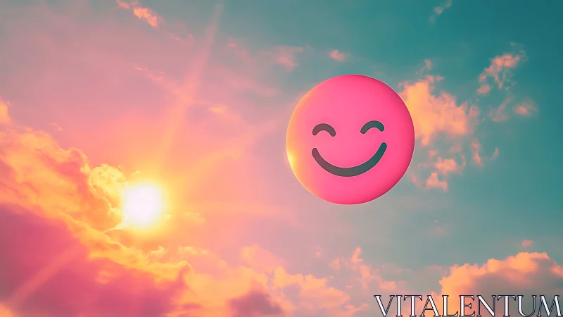Atmospheric gradient sky with levitating 3D emoji sun sphere.