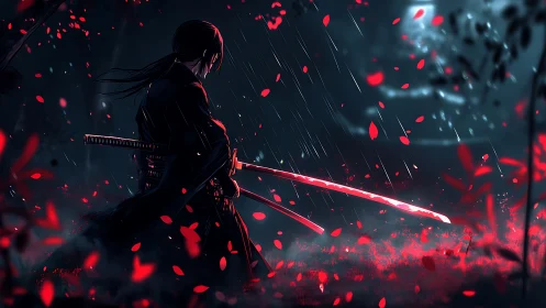 Solitary samurai pauses beneath stormy moonlit rain