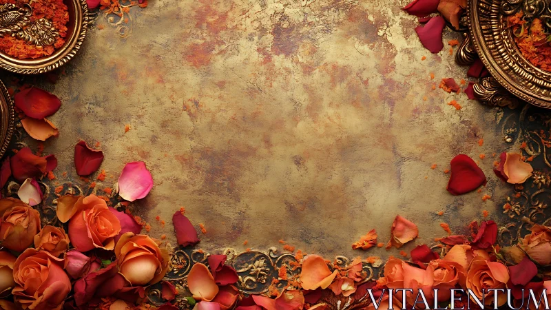 Rose petals and brass bowls on textured golden surface.